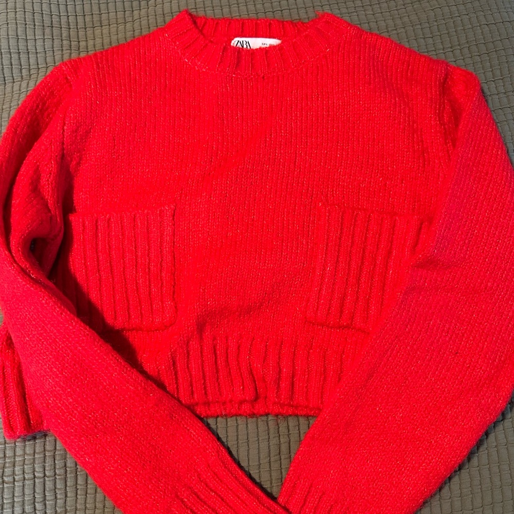 Zara Vibrant Red Crew Neck crop Sweater
